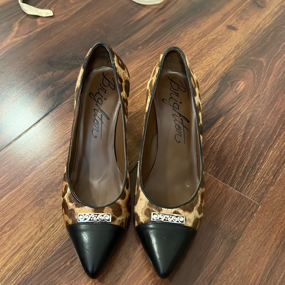 Brighton Yale Leopard calf skin and leather mules.